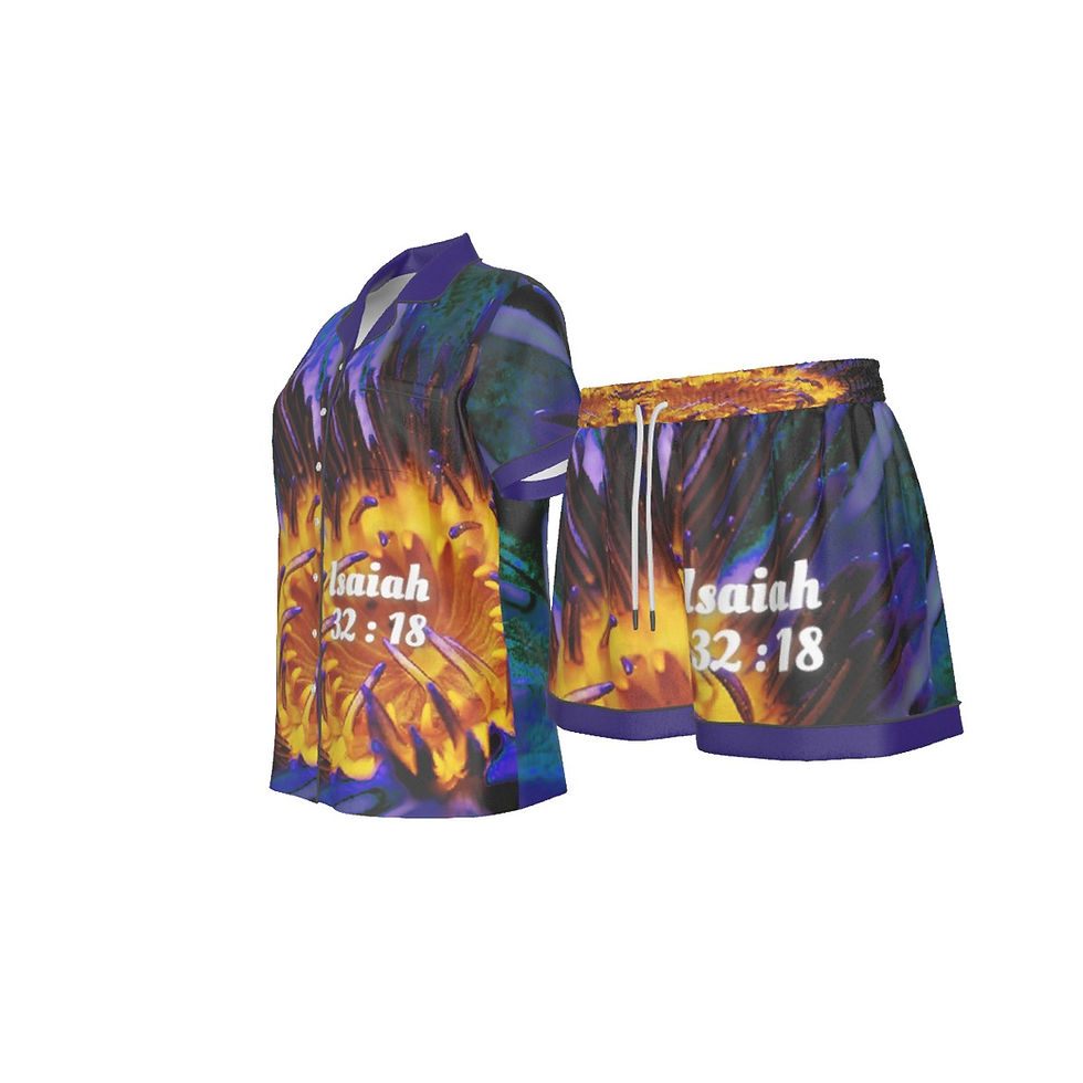 Thumbnail: Black floral women’s pajama shorts set with Isaiah 32:18 Christian faith-based design by ManyPots®