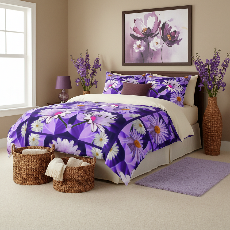 King-size purple floral 3-piece comforter cover set with Psalm 4:8 design, Christian faith-based bedding from the Simple Flow