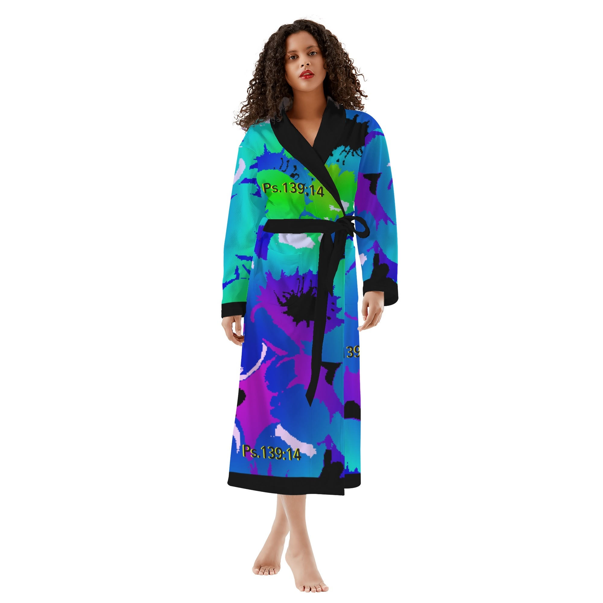 Blue multicolored women’s robe with Psalm 139:14 Christian faith-based design by ManyPots®