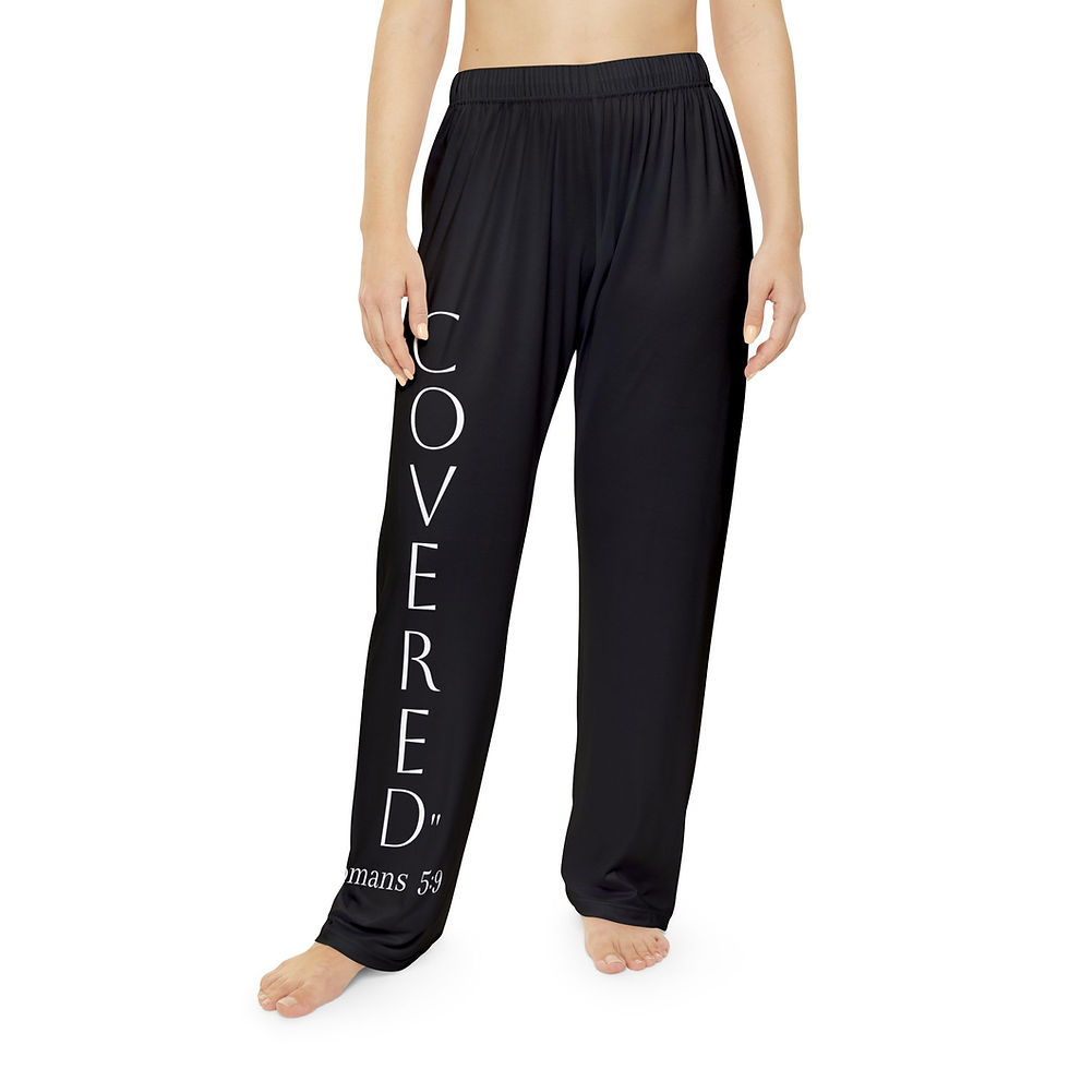 Thumbnail: Black women’s pajama pants with “Covered” Romans 5:9 Christian design by G30™ for ManyPots®