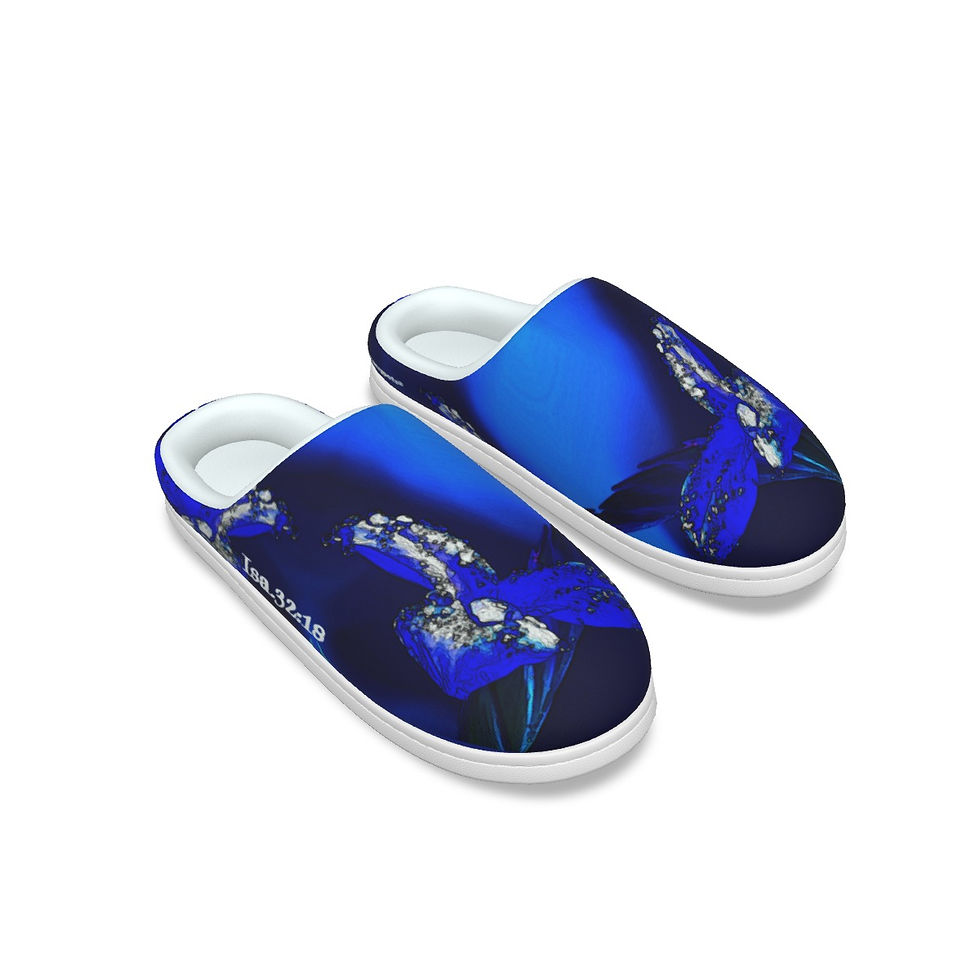 Thumbnail: **Alt Text:** Women’s indoor blue and black floral slippers with Isaiah 32:18 design, Christian faith-based footwear by ManyP