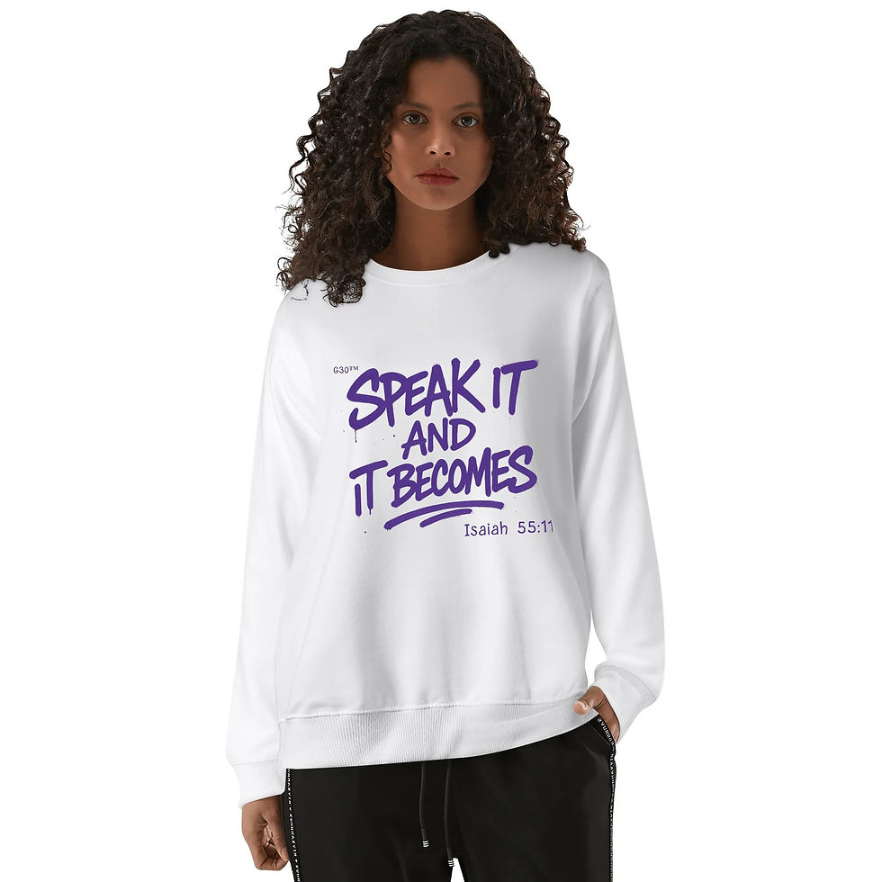 Thumbnail: White unisex cotton sweatshirt with “Speak It and It Becomes” Isaiah 55:11 Christian design by ManyPots®
