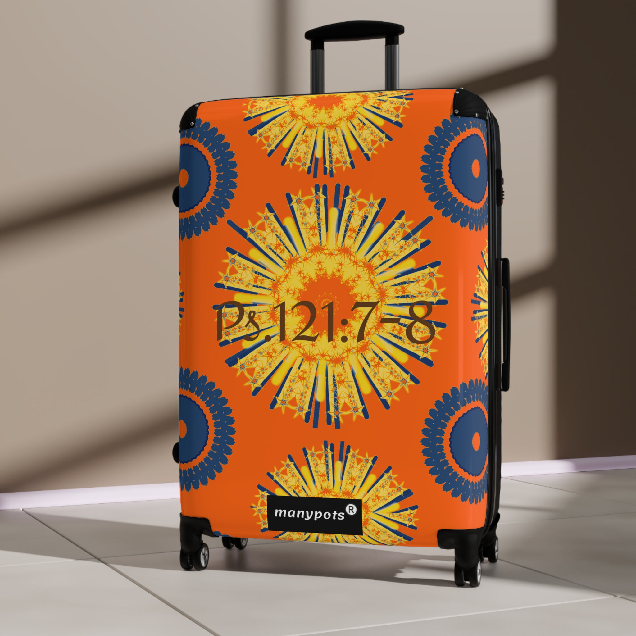 Orange polycarbonate luggage suitcase set with Psalm 121:7–8 design, available in three sizes, Christian faith-based travel c