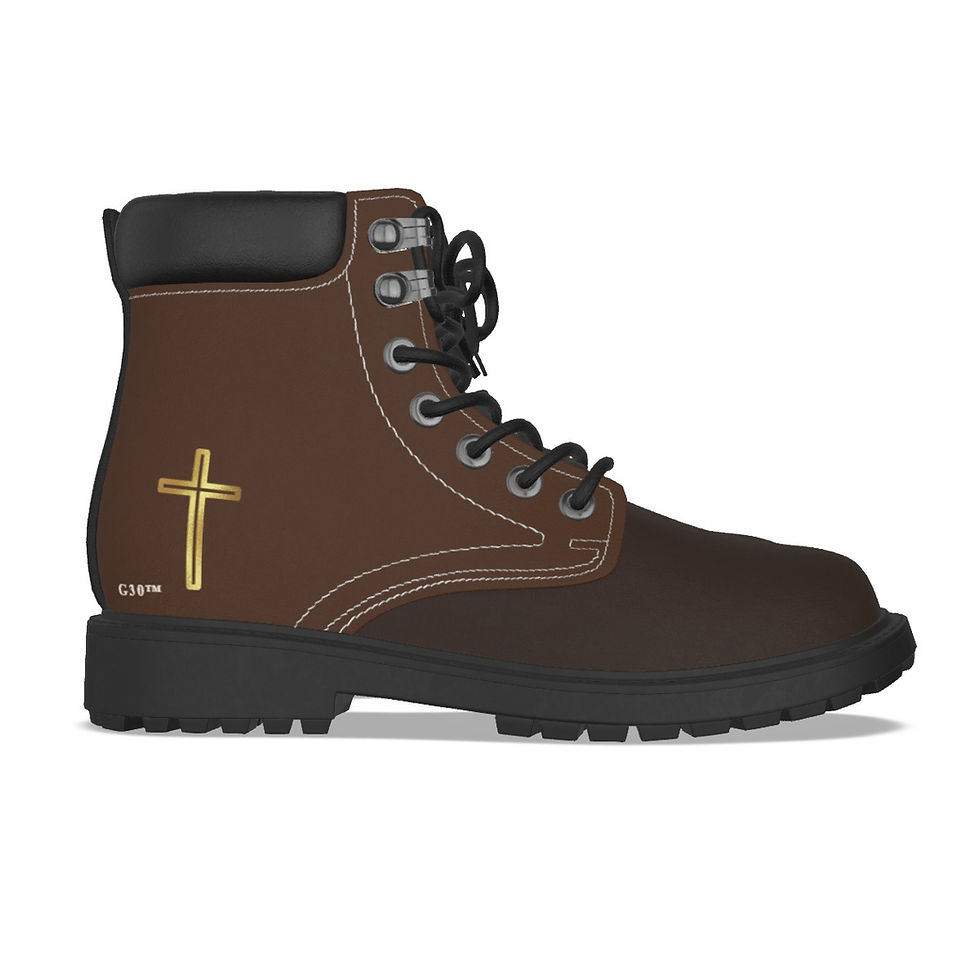 Thumbnail: Men’s brown short boots with “The Cross” design, Christian faith-based footwear by G30™ for H.B.A.T.F.®.