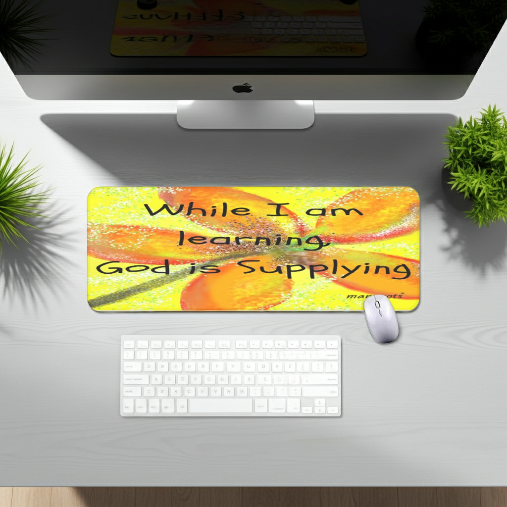 **Alt Text:** Yellow computer mouse pad with “While I Am Learning, God Is Supplying” inspirational faith-based design by Many
