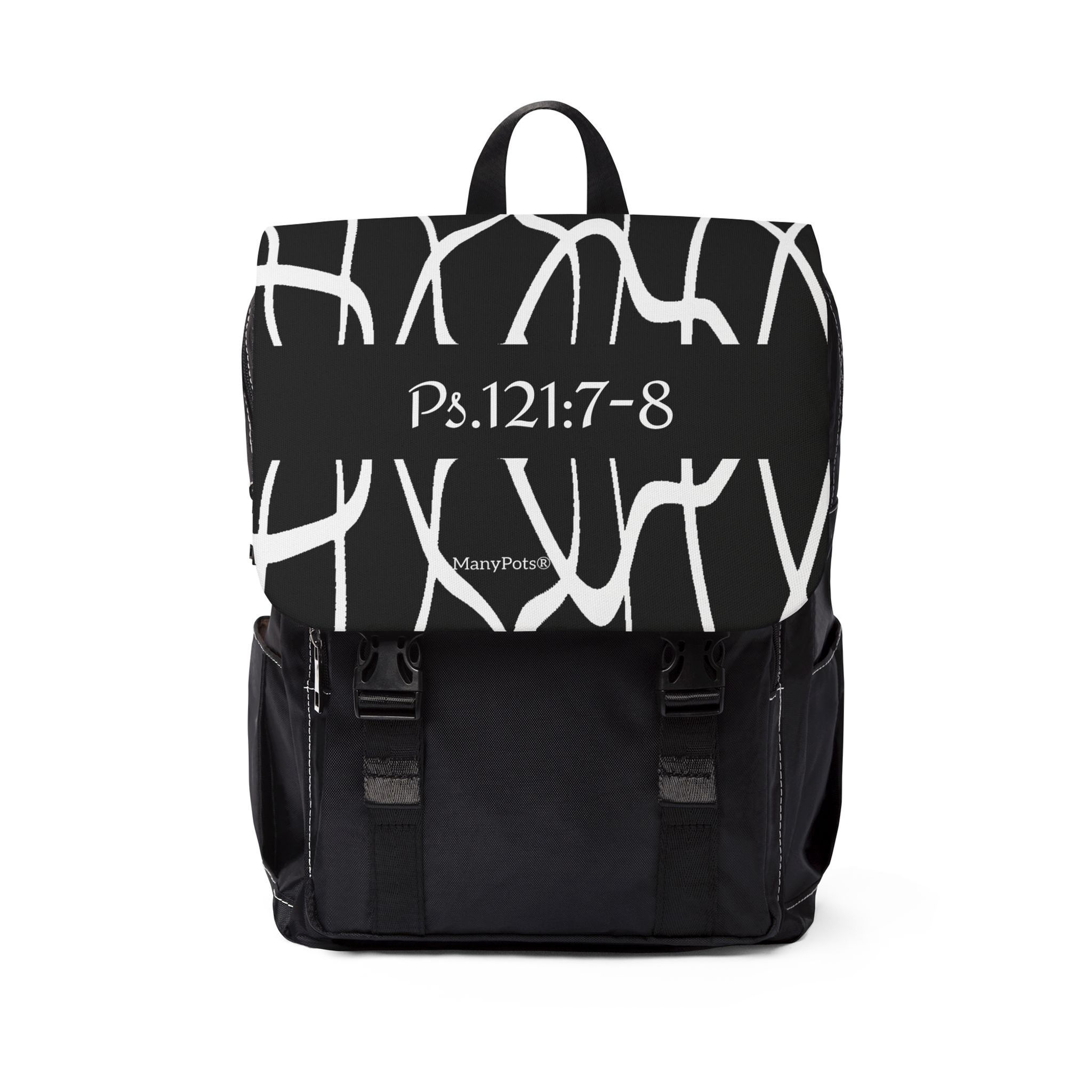 Black Oxford canvas shoulder backpack with Psalm 121:7–8 design, Christian faith-based accessory by ManyPots®.