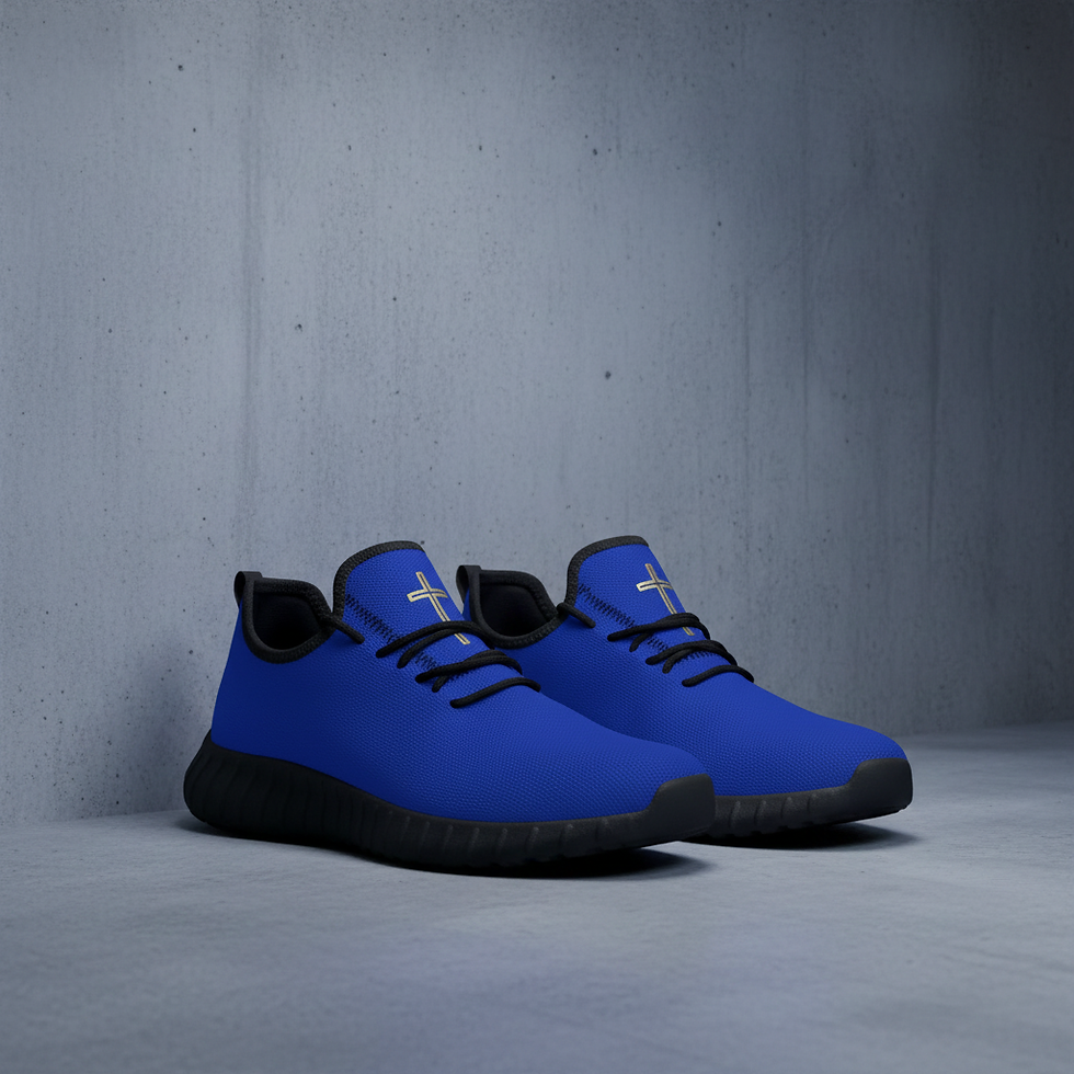 Men’s blue mesh knit shoes with “The Cross” design, Christian faith-based footwear by G30™ for H.B.A.T.F.®.
