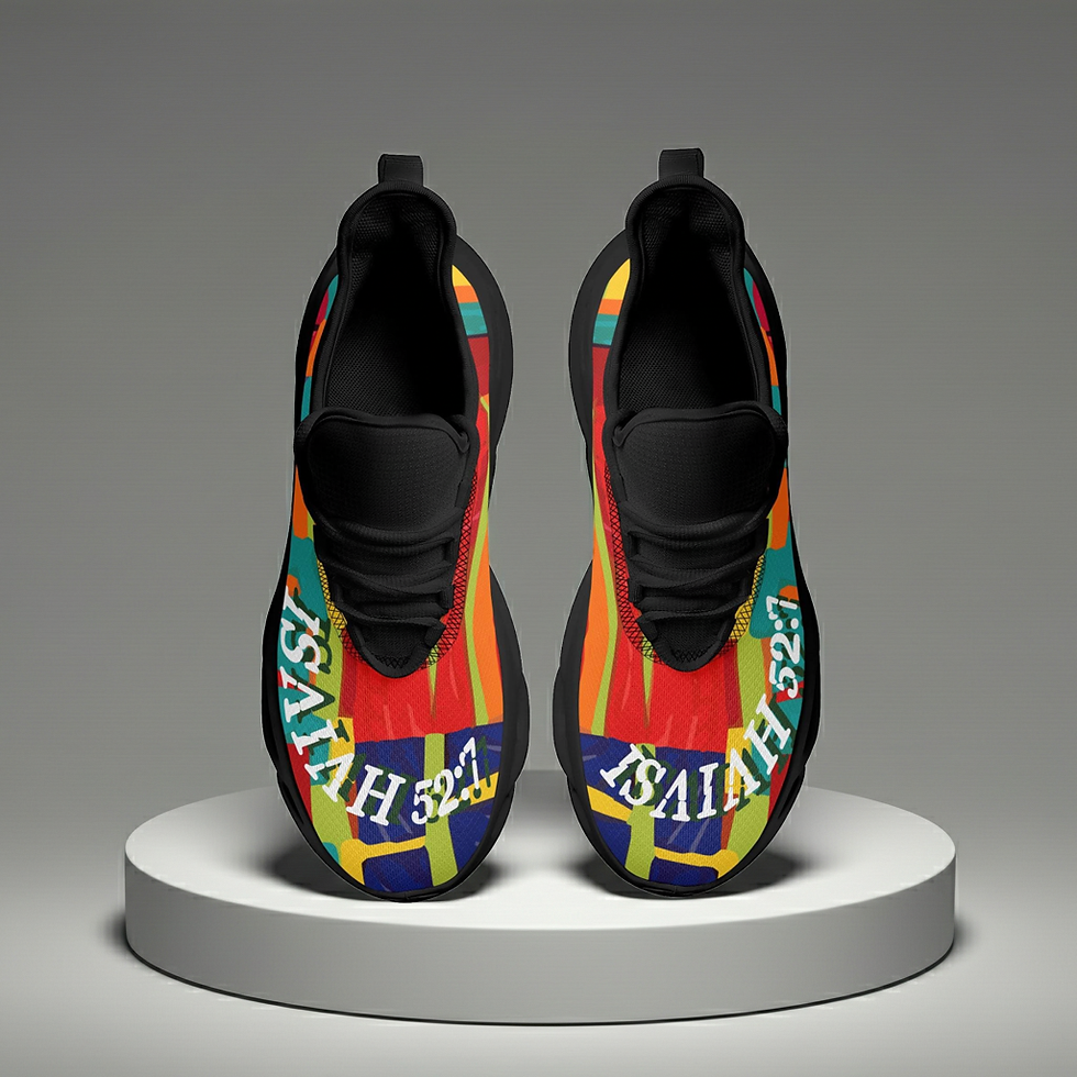 **Alt Text:** Women’s black multicolored mesh walking sports shoes with Isaiah 52:7 design, Christian faith-based footwear by