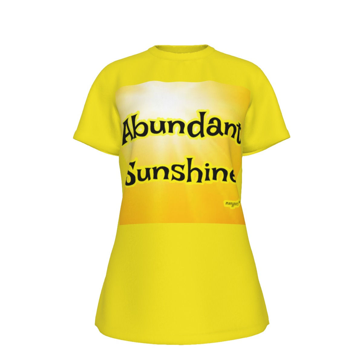 Yellow women’s cotton T-shirt with “Abundant Sunshine” Christian design by ManyPots®