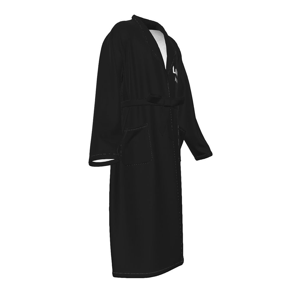 Thumbnail: **Alt Text:** Men’s black fleece robe with “Loved” and Jeremiah 29:11 design, Christian faith-based apparel by ManyPots®.