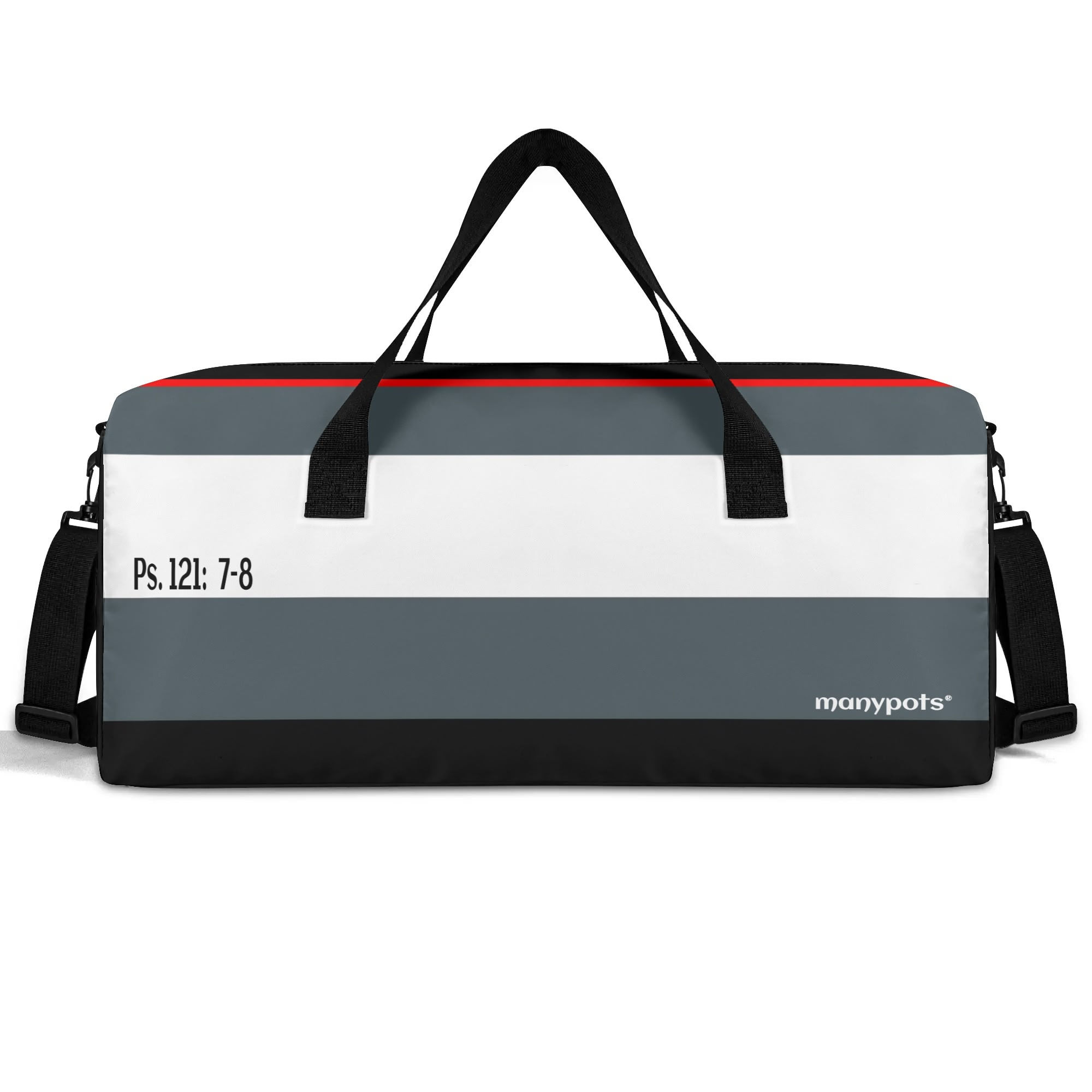 Grey, white, and black travel, gym, or duffle tote bag with Psalm 121:7–8 design, Christian faith-based accessory by ManyPots