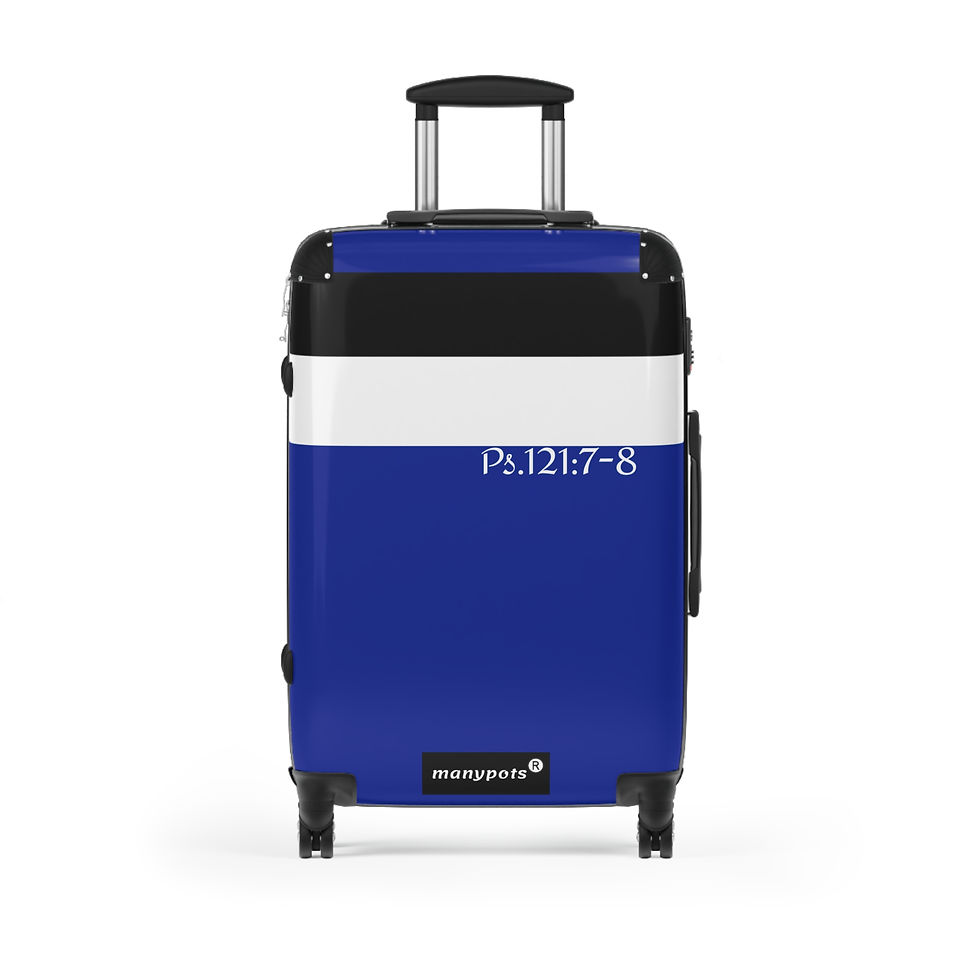 Thumbnail: Blue polycarbonate luggage suitcase set with Psalm 121:7–8 design, available in three sizes, Christian faith-based travel col