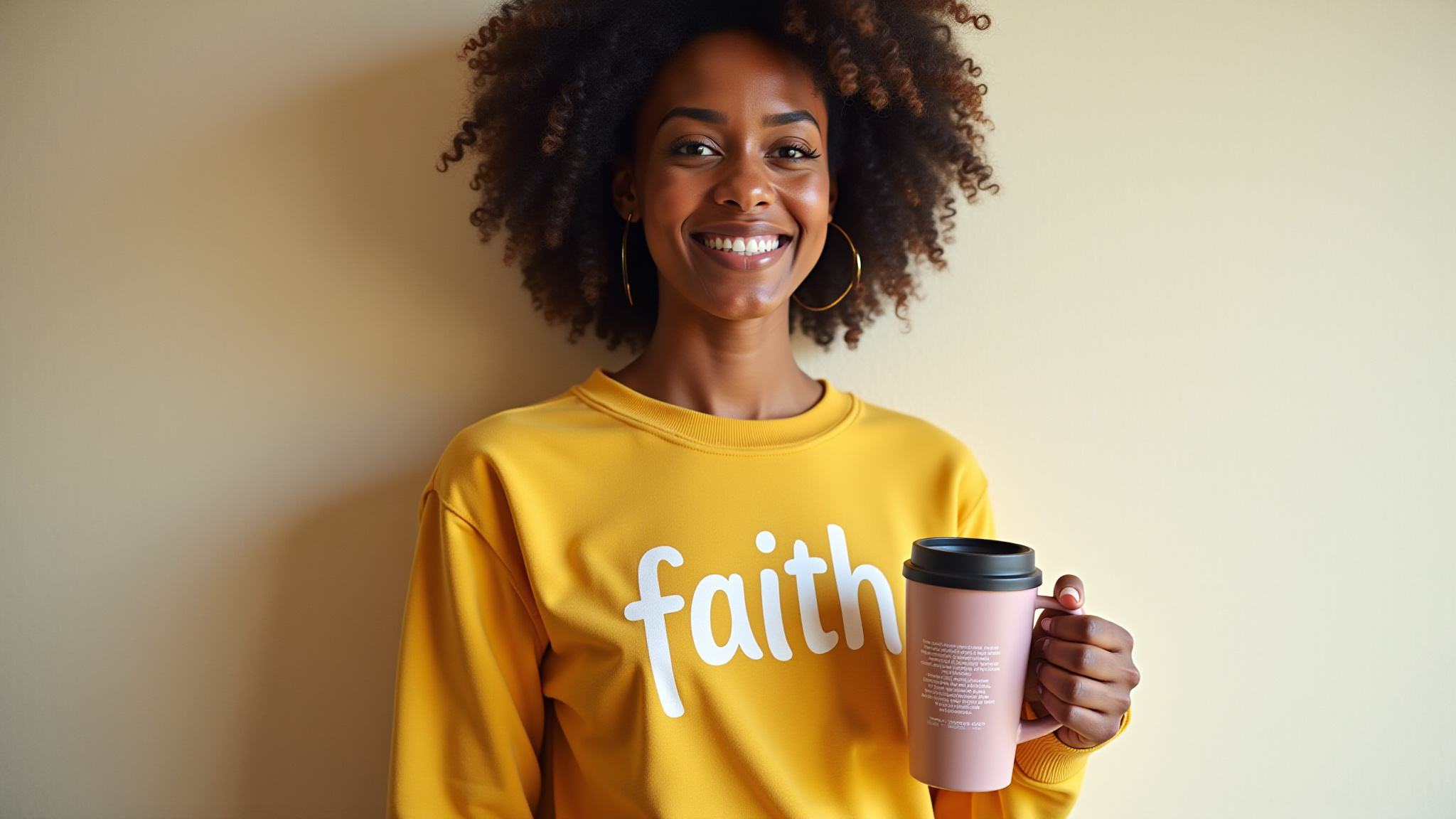 Young lady holding coffee container & wearing a yellow top with the words "faith" on it.
