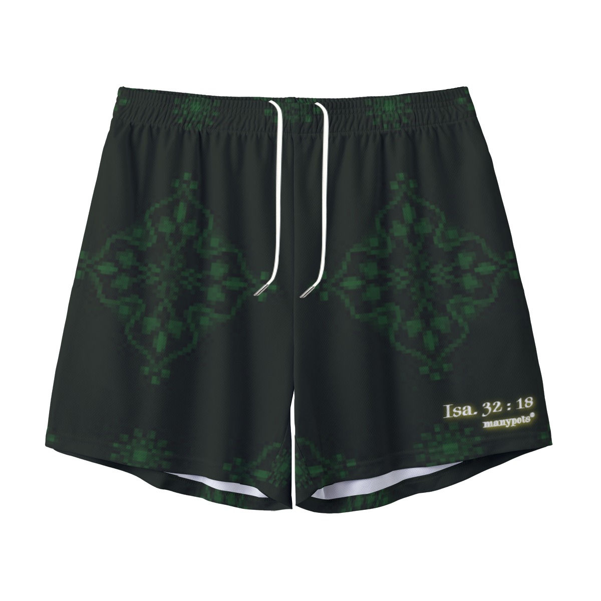 Men’s dark green shorts with Isaiah 32:18 design, Christian faith-based apparel by ManyPots®, matching top available.
