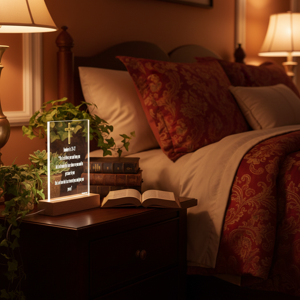 LED rectangular acrylic night light with Numbers 6:24–27 scripture design, Christian faith-based home décor by ManyPots®.