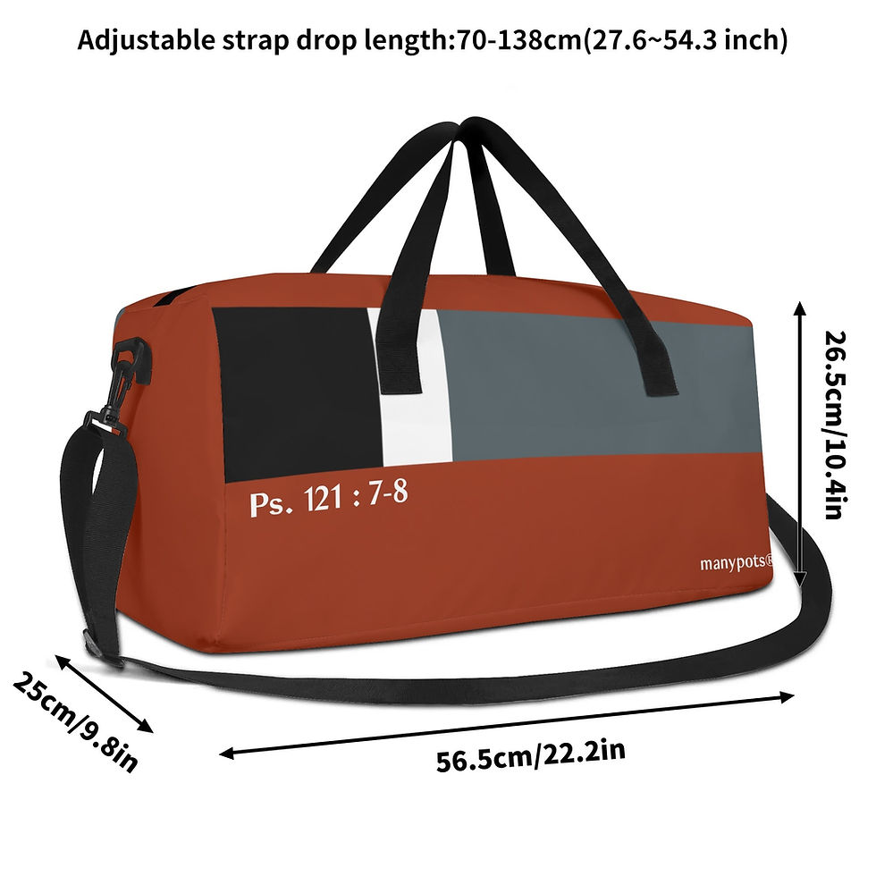 Thumbnail: Red, white, and black travel, gym, or duffle tote bag with Psalm 121:7–8 design, Christian faith-based accessory by ManyPots®