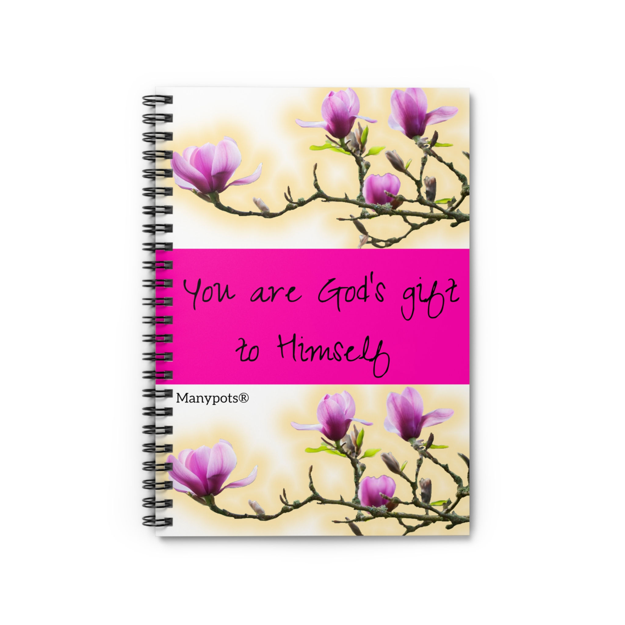 Pink spiral notebook with “You Are God’s Gift to Himself” design, ruled line pages, Christian faith-based stationery by ManyP