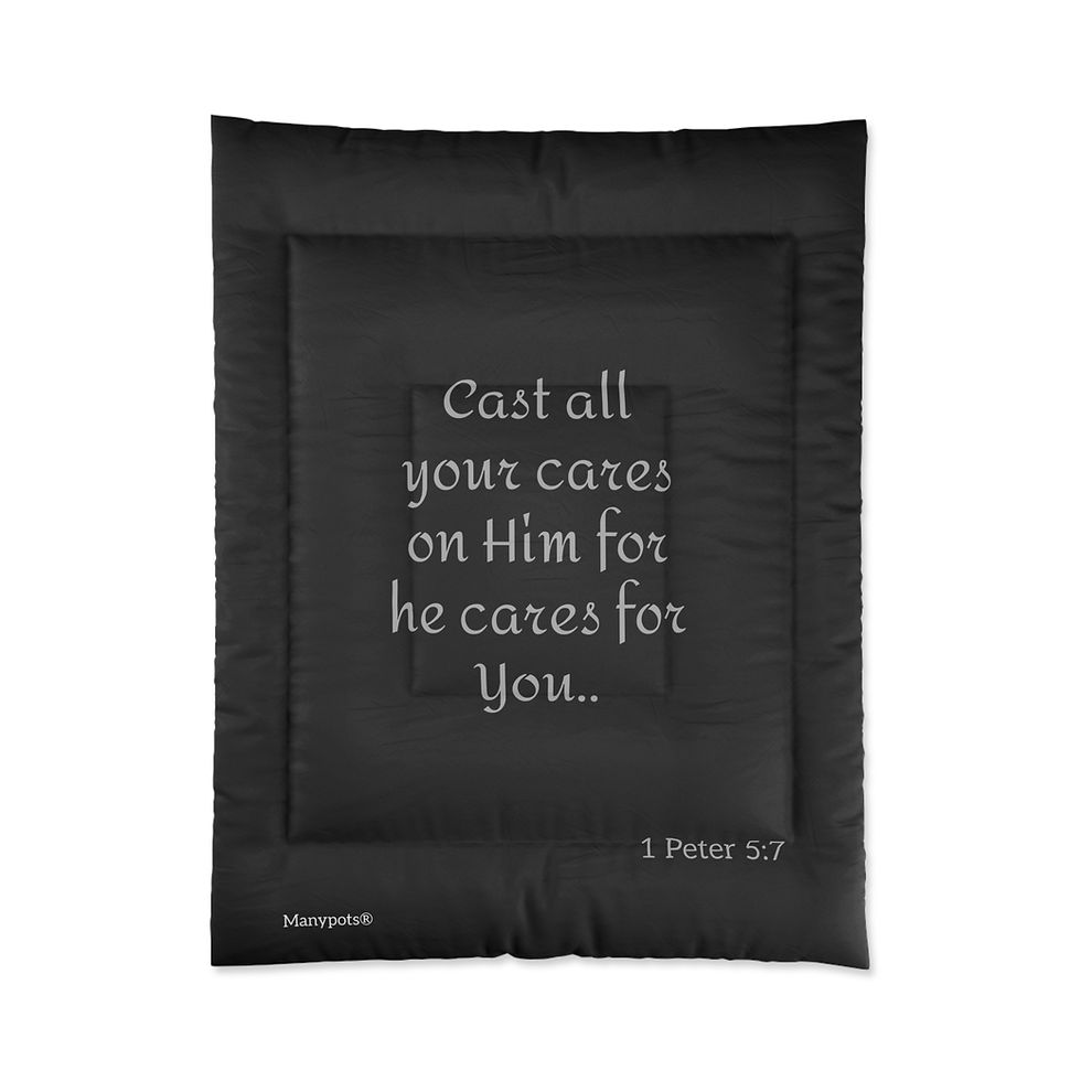 Thumbnail: Black comforter with 1 Peter 5:7 design, Christian faith-based bedding from the Simple Flower® collection by ManyPots®.