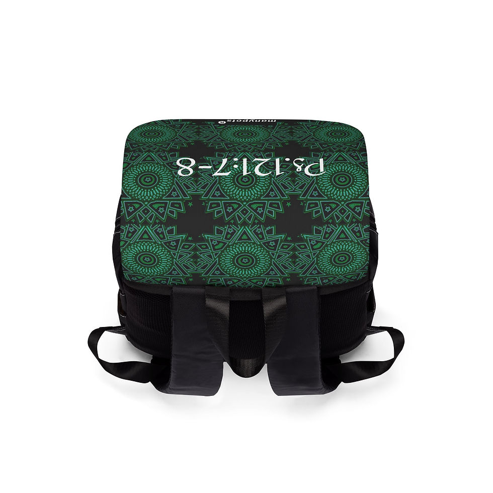 Thumbnail: Green Oxford canvas shoulder backpack with Psalm 121:7–8 design, Christian faith-based accessory by ManyPots®.