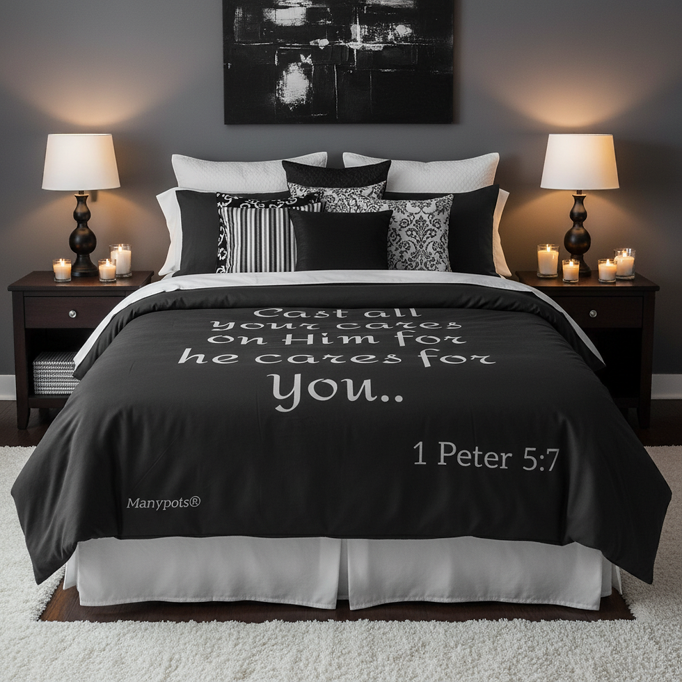 Black comforter with 1 Peter 5:7 design, Christian faith-based bedding from the Simple Flower® collection by ManyPots®.