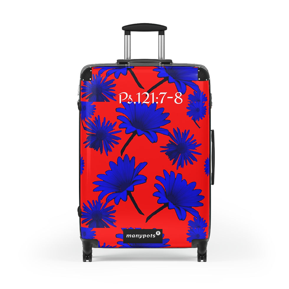 Thumbnail: Red and blue polycarbonate luggage suitcase set with Psalm 121:7–8 design, available in three sizes, Christian faith-based tr