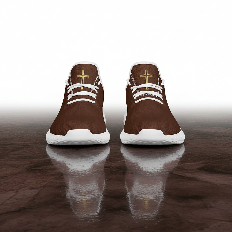 Men’s brown mesh knit shoes with “The Cross” design, Christian faith-based footwear by G30™ for H.B.A.T.F.®.