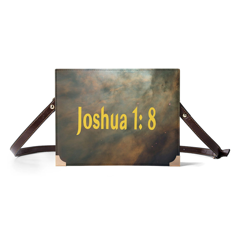 Thumbnail: Blue and grey Bible holder and tote with Joshua 1:8 design, Christian faith-based book cover by 2KINGS4™ for ManyPots®.