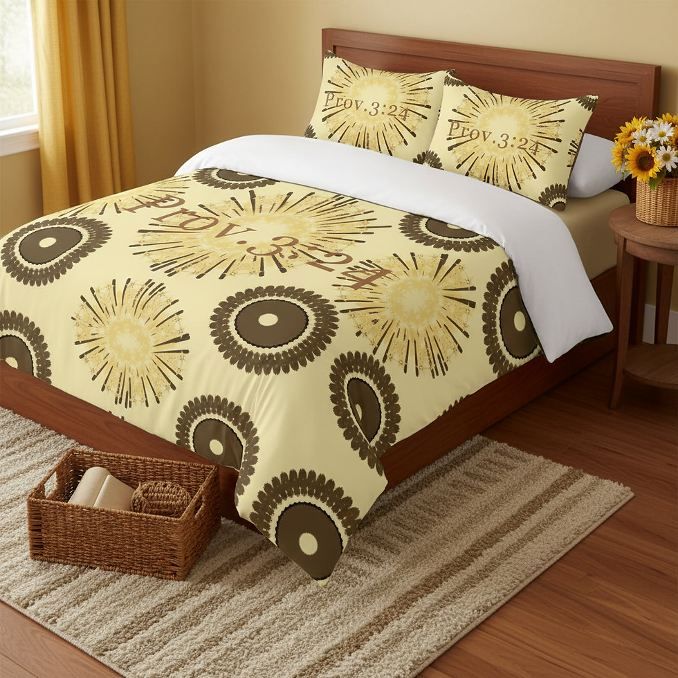 Thumbnail: King-size yellow and brown 3-piece comforter cover set with Proverbs 3:24 design, Christian faith-based bedding from the Simp
