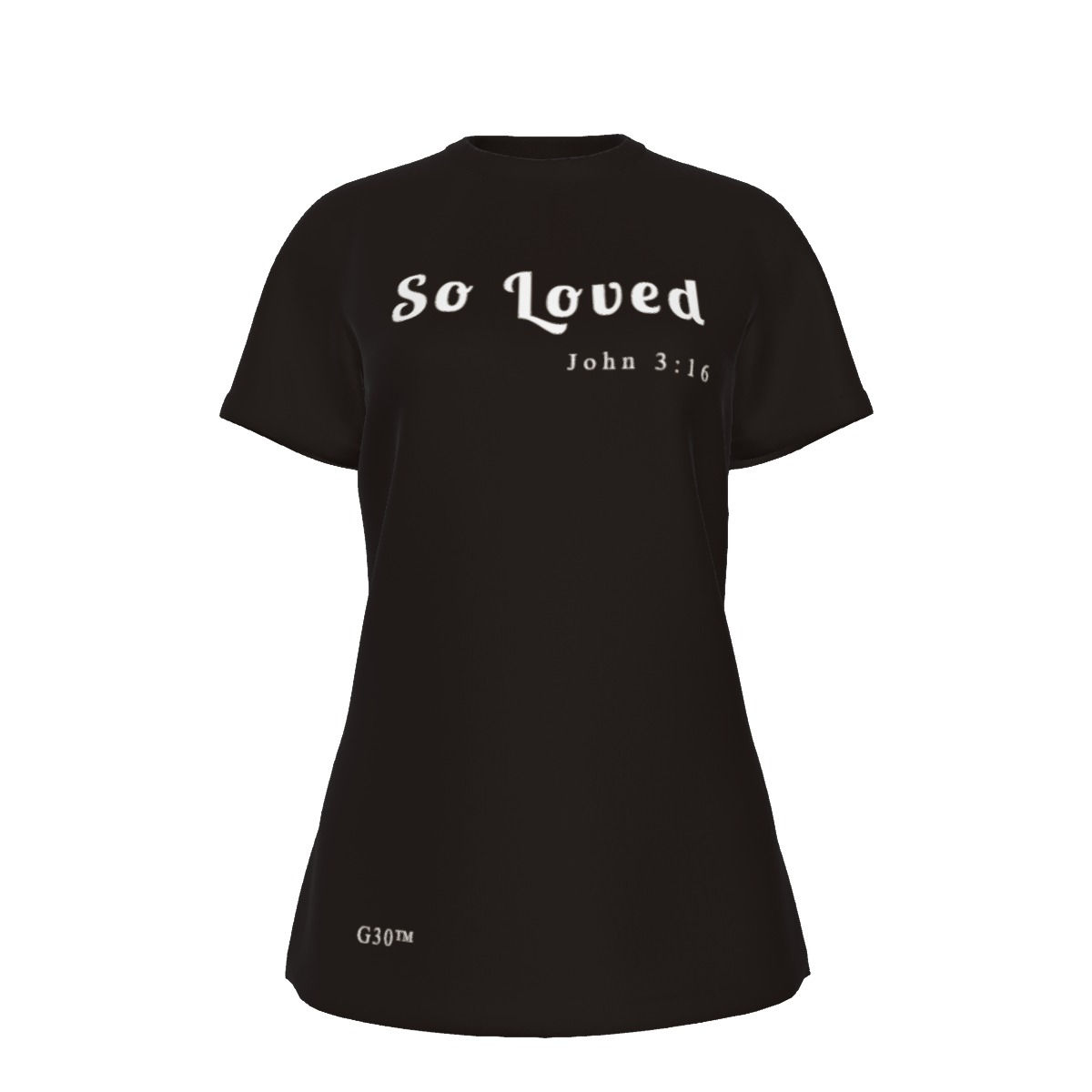 Black women’s cotton T-shirt with “So Loved” John 3:16 Christian design by G30™ for ManyPots