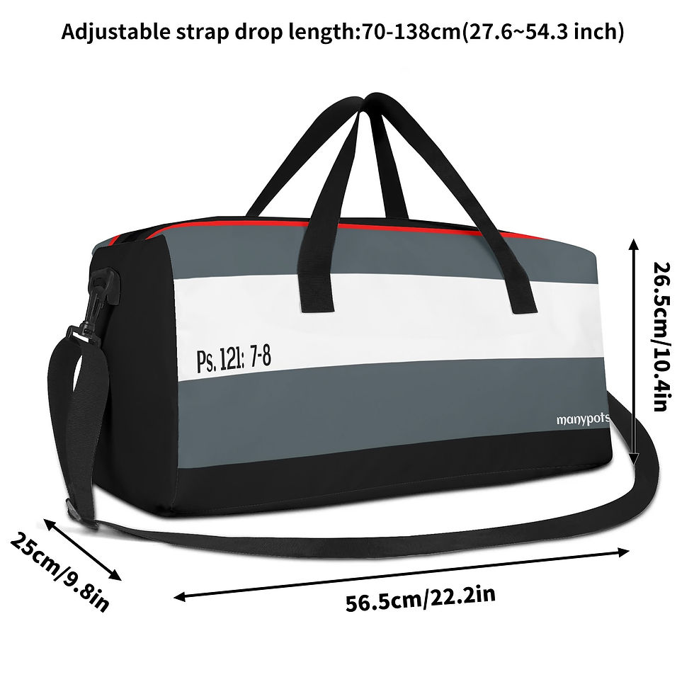 Thumbnail: Grey, white, and black travel, gym, or duffle tote bag with Psalm 121:7–8 design, Christian faith-based accessory by ManyPots