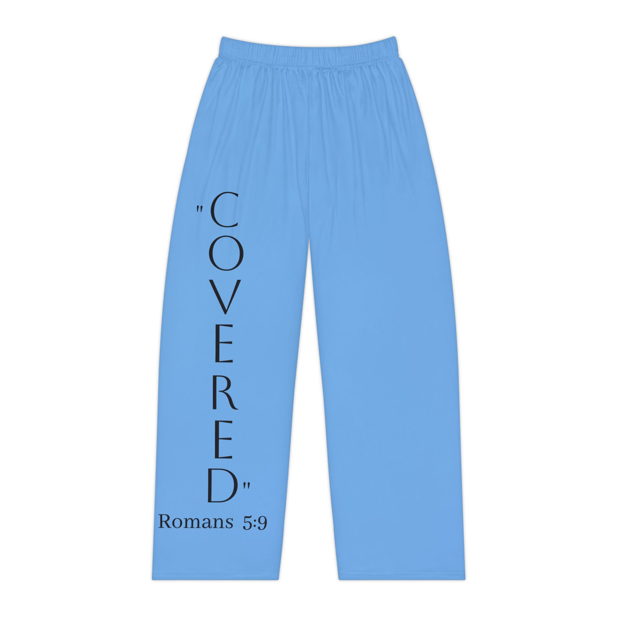 Light blue women’s pajama pants with “Covered” Romans 5:9 Christian design by G30™ for ManyPots®
