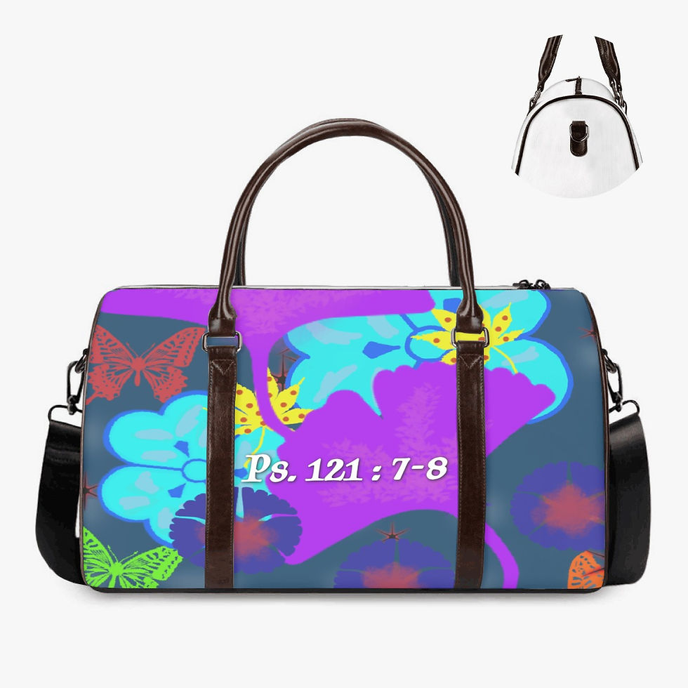 Thumbnail: Women’s purple and blue duffle luggage bag with Psalm 121:7–8 design, available in two sizes, Christian faith-based travel ac