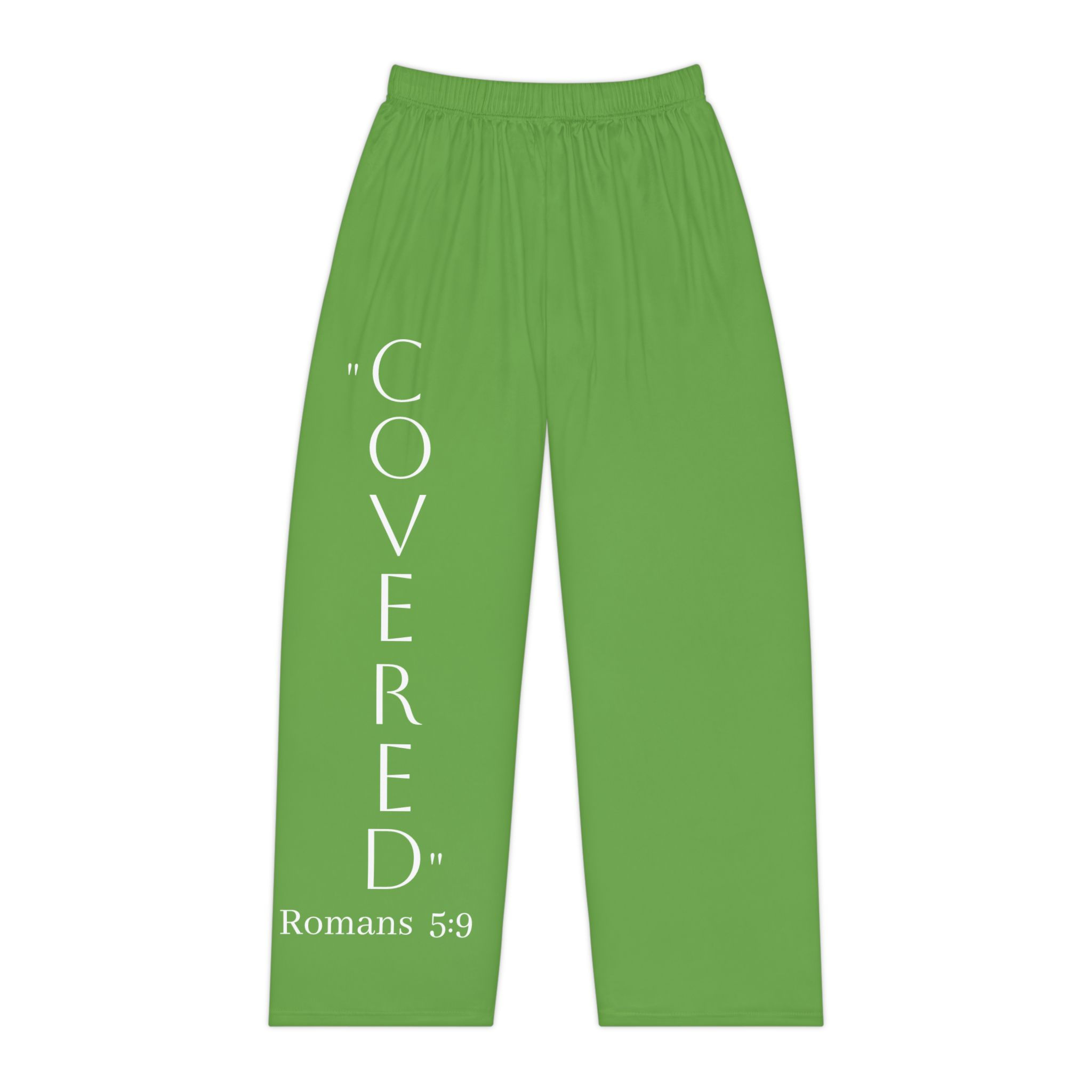 Green women’s pajama pants with “Covered” Romans 5:9 Christian design by G30™ for ManyPots®