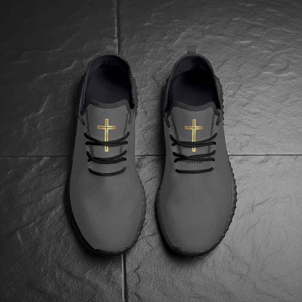 Men’s grey mesh knit shoes with “The Cross” design, Christian faith-based footwear by G30™ for H.B.A.T.F.®.
