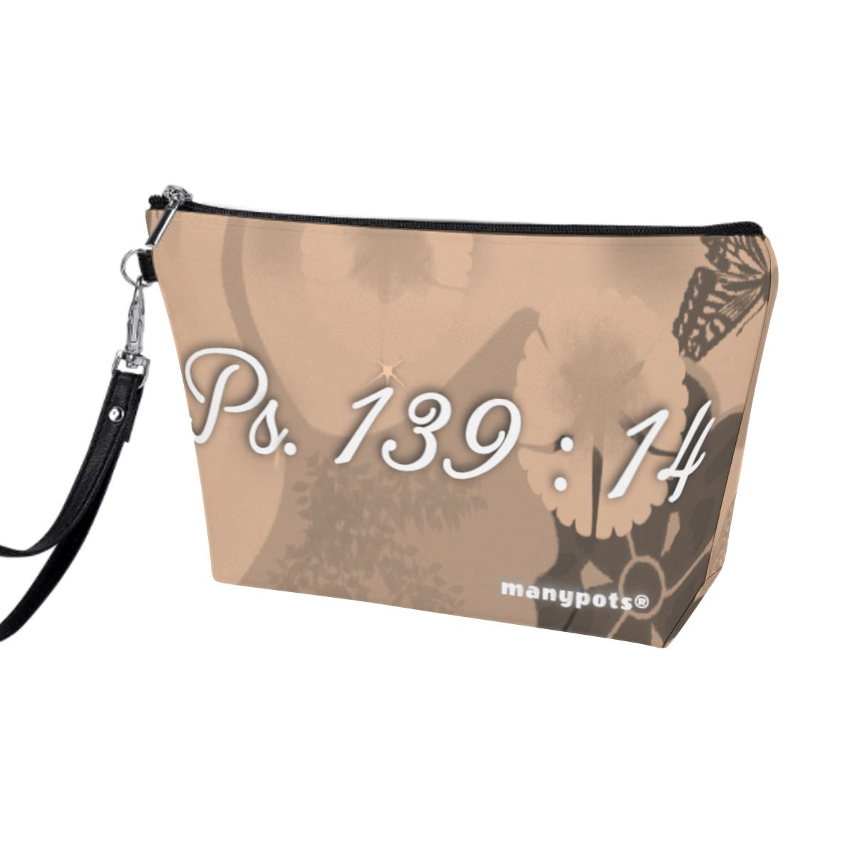 Women’s tan and brown makeup and accessories bag with Psalm 139:14 design, Christian faith-based accessory by ManyPots®.