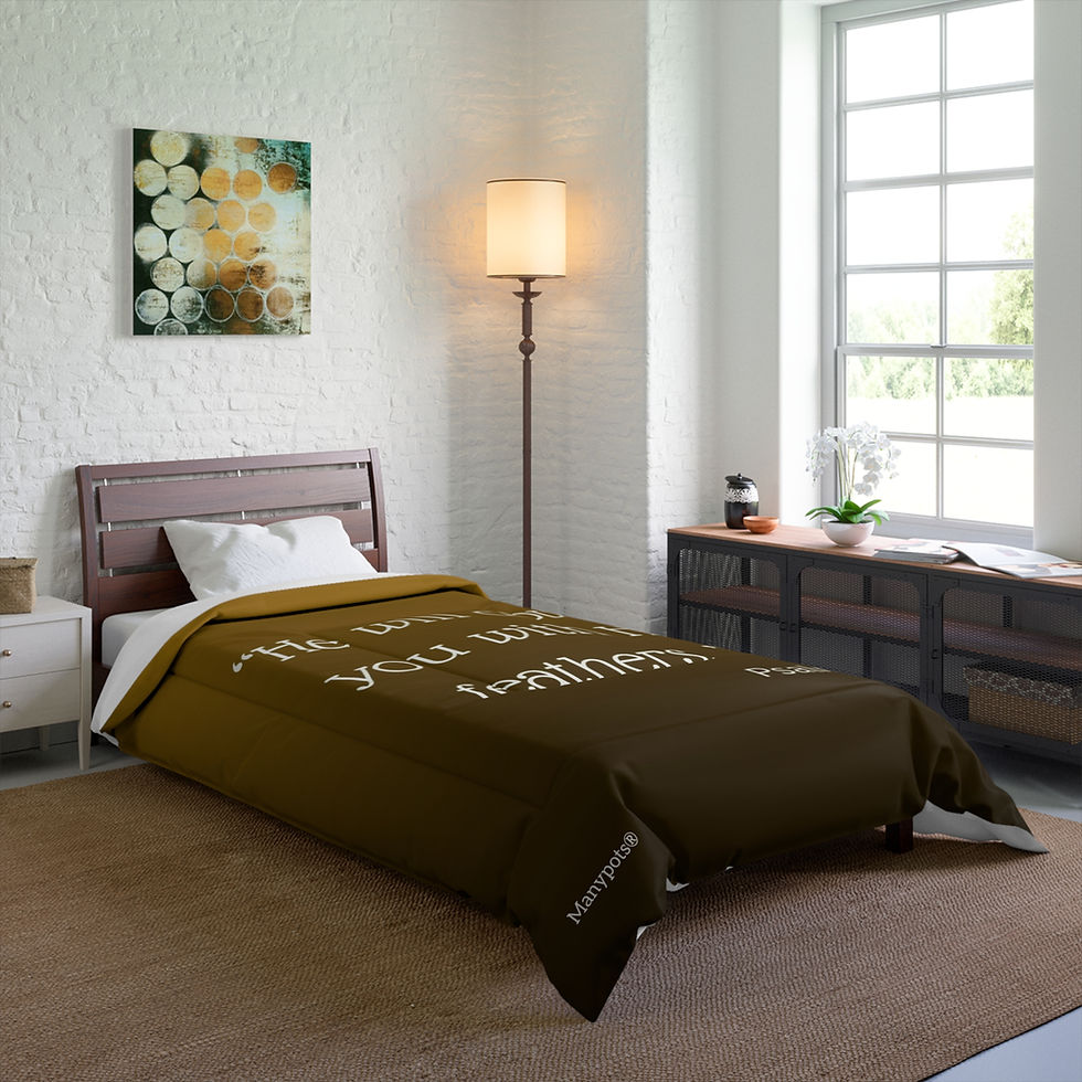 Thumbnail: Rich brown comforter with Psalm 91:4 design, Christian faith-based bedding from the Simple Flower® collection by ManyPots®.