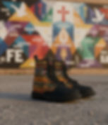 **Alt Text:** Women’s black multi-patterned short boots with “NOW FAITH” design, Christian fashion footwear by G30™ for H.B.A