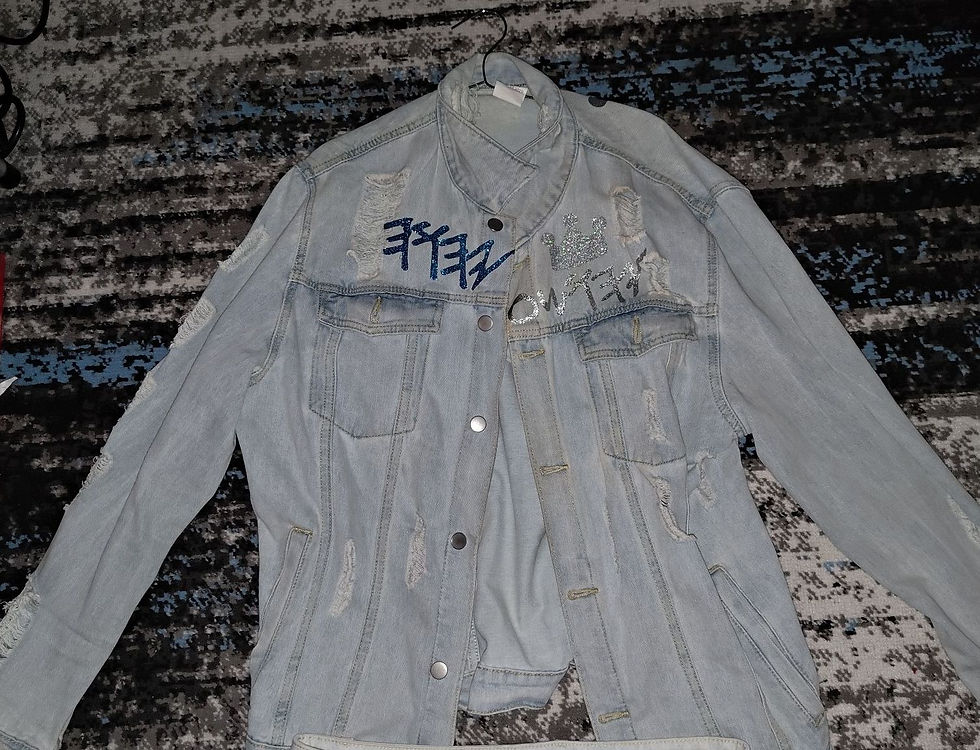 Light denim jacket with Hebrew text and YaHU YaHUsHa bead chain. Yahusto
