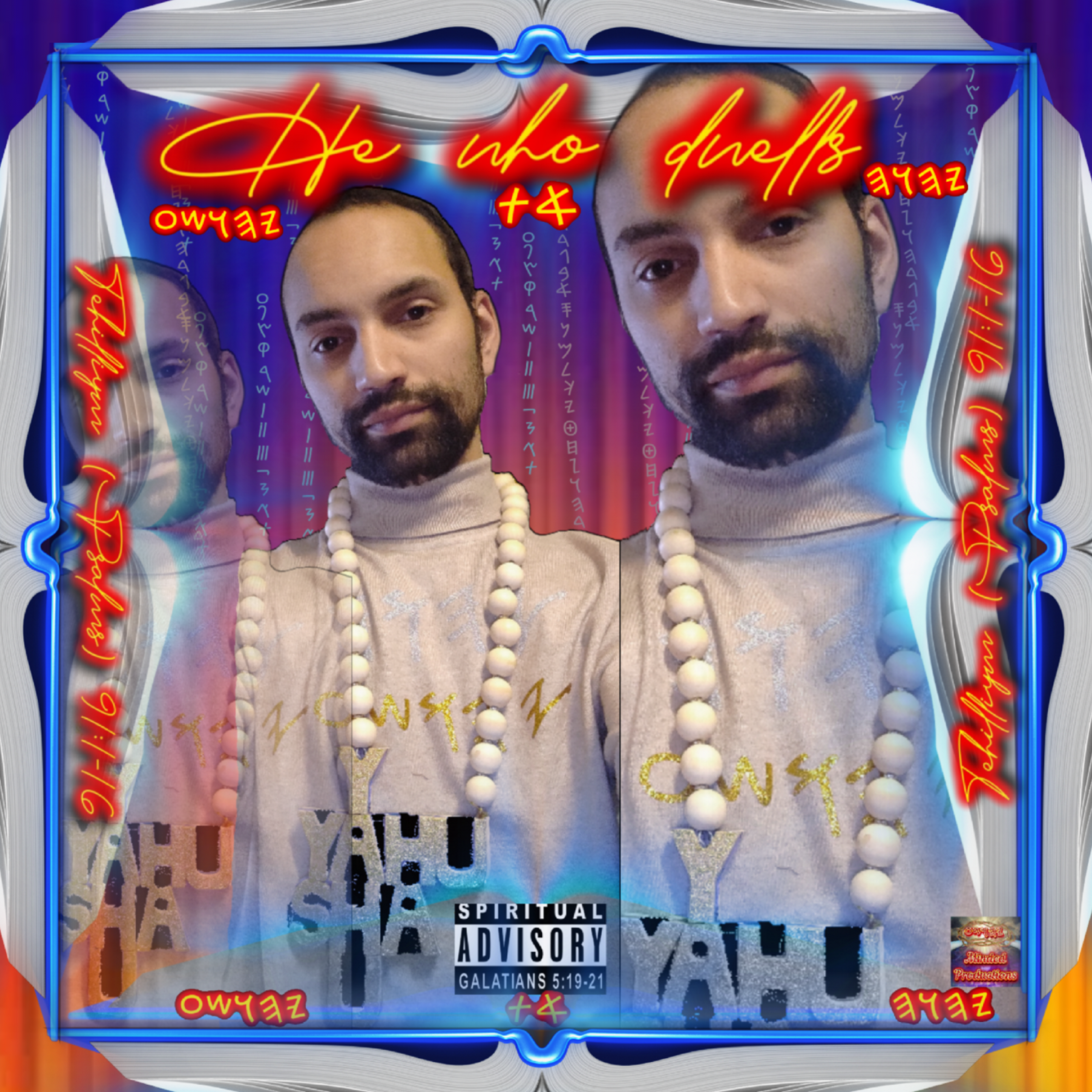 Man with text He who drafts, Blood of 𐤉𐤄𐤅𐤄 𐤉𐤄𐤅𐤔𐤏, Yahusto and other writing.