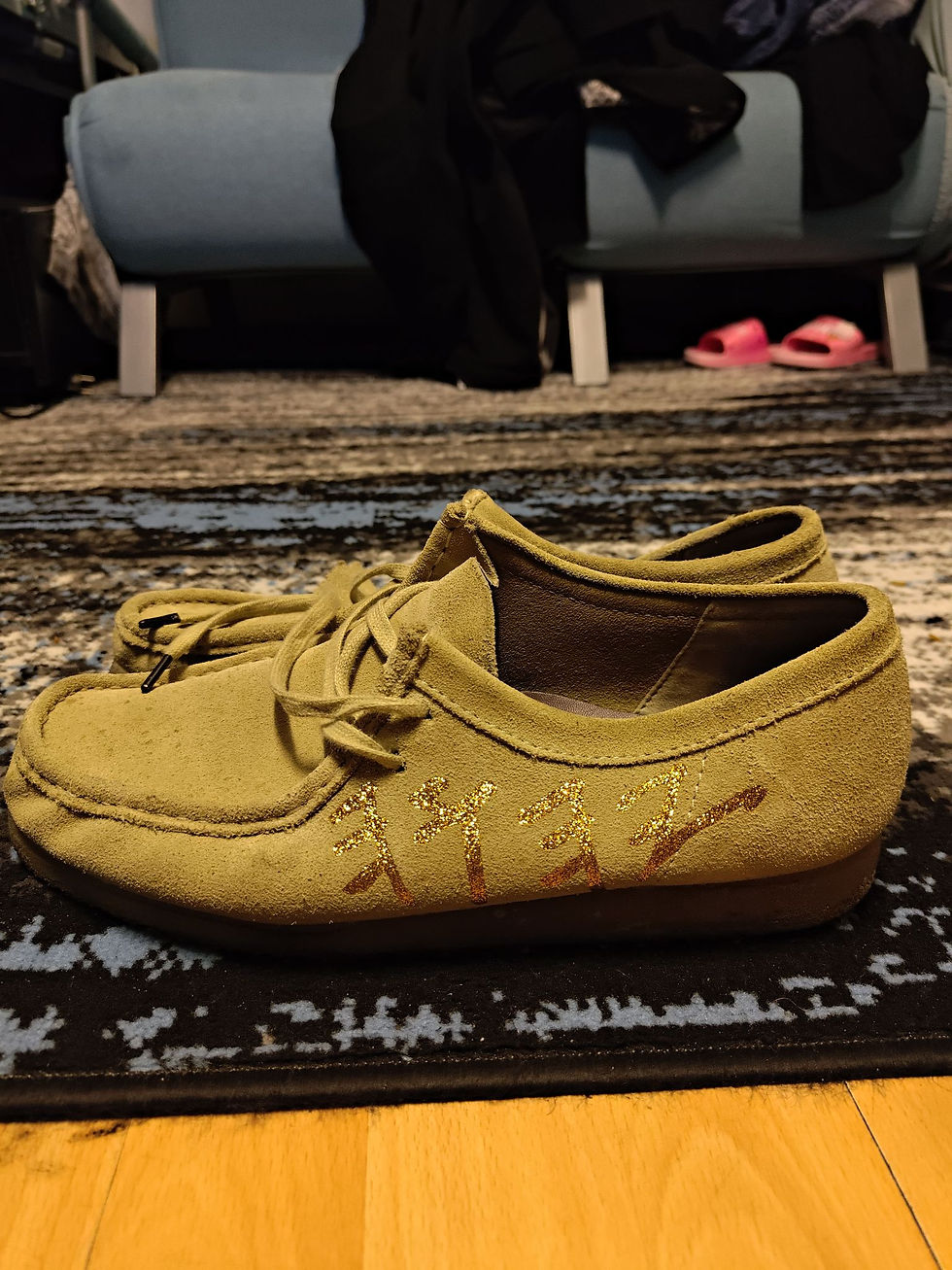 Thumbnail: Pair of green suede shoes on a patterned rug, ready for wearing.