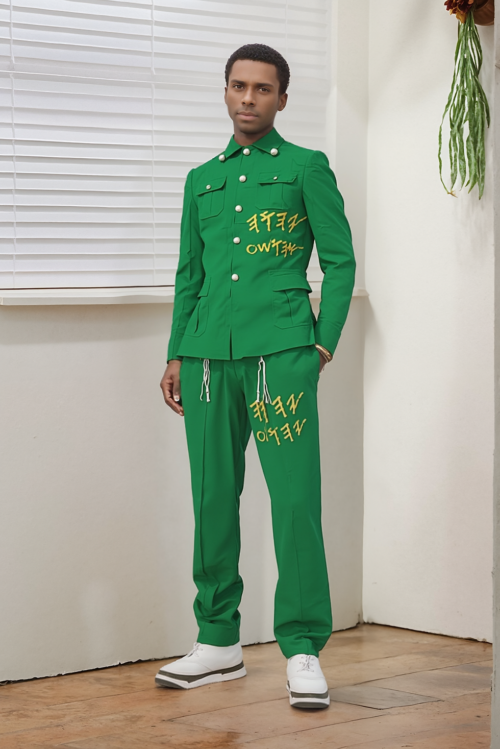 Man in green suit with gold text, Rings 𐤉𐤄𐤅𐤔𐤏 𐤉𐤄𐤅𐤄, standing near a wall. Yahusto