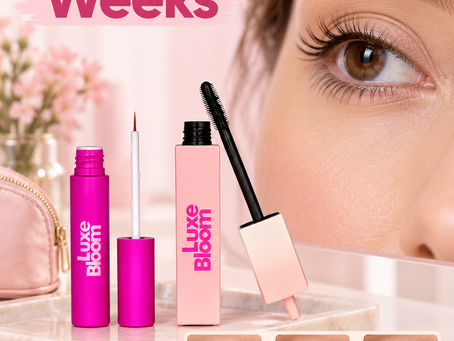 Eyelash growth serum and natural lash care routine showing gradual lash changes