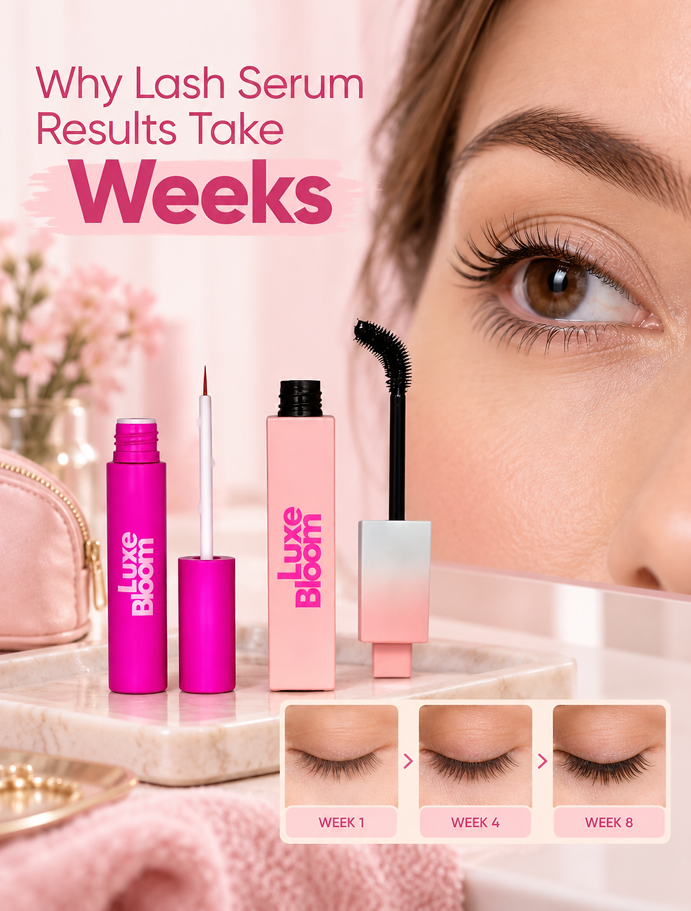 Eyelash growth serum and natural lash care routine showing gradual lash changes
