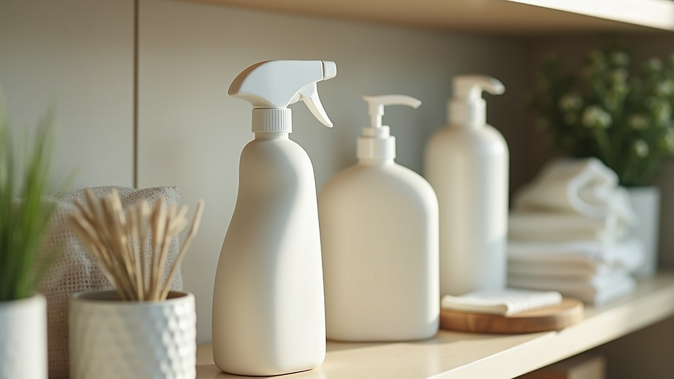 Close-up view of eco-friendly cleaning supplies on a shelf