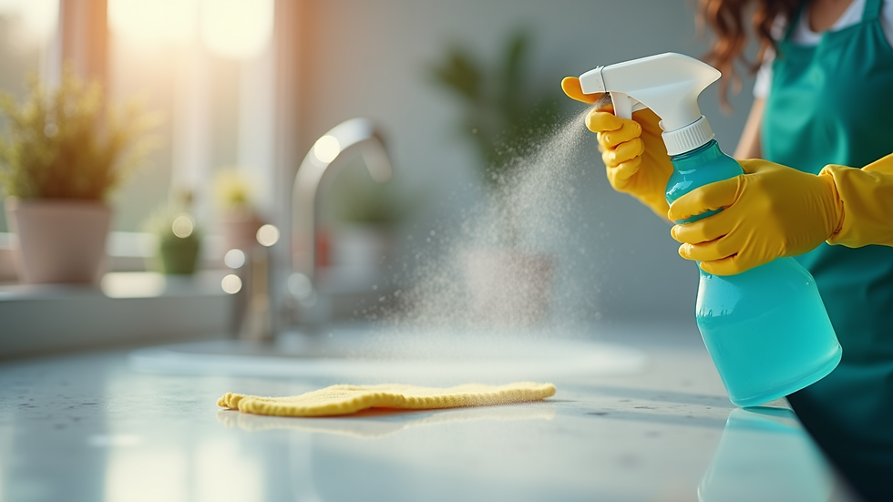 Close-up view of a professional cleaner using eco-friendly spray on a countertop