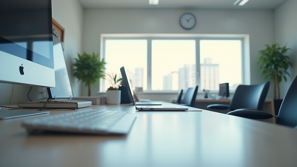 Eye-level view of a clean and organized modern office workspace