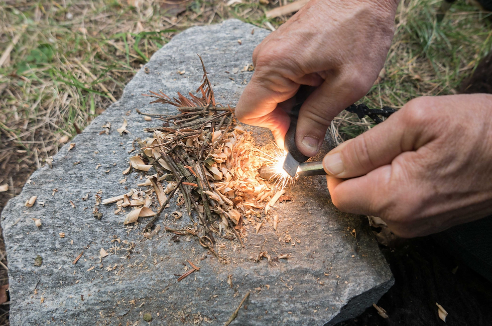 Feuerstahl und Holz im Feuerkurs von Jimmy Wyss: Zweige und Naturmaterial auf Gras