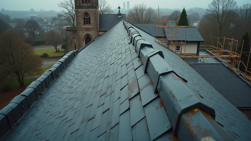 High angle view of church roof with slate tiles and scaffolding for repair