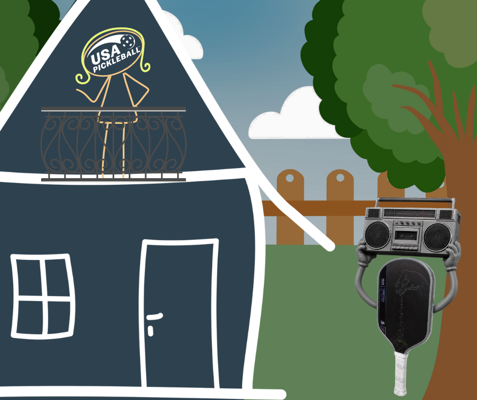 Illustration of the SALT C-605 paddle holding a boombox overhead outside a house, serenading the USA Pickleball logo on the balcony.
