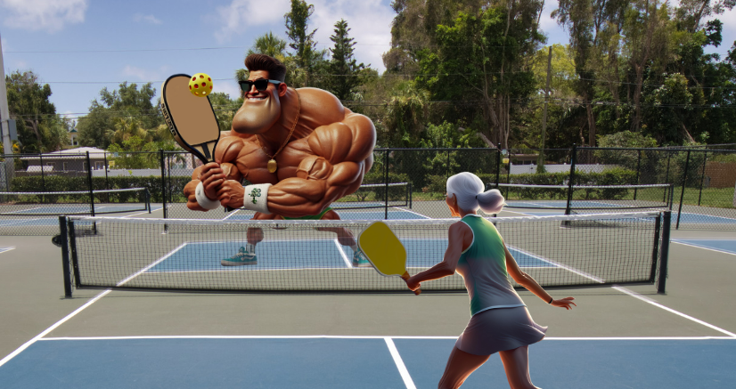 An athletic man playing pickleball with an older woman.